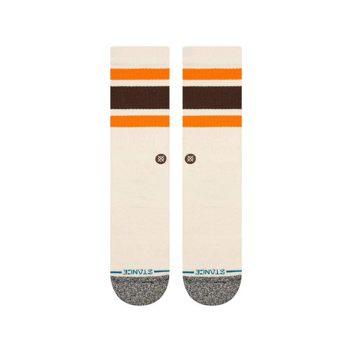 Paire de chaussette beige à motif rayure marron et orange vue de dessus