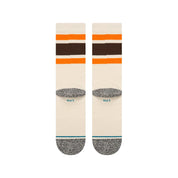 Paire de chaussette beige à motif rayure marron et orange vue de derrière
