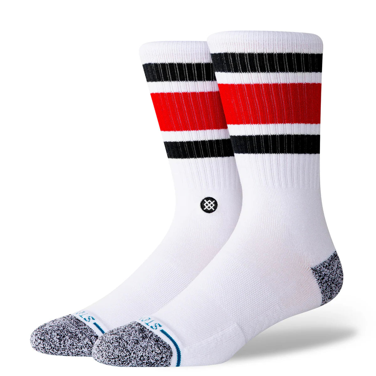 Paire de chaussette blanche a rayure rouge et noire vue de 3/4 face