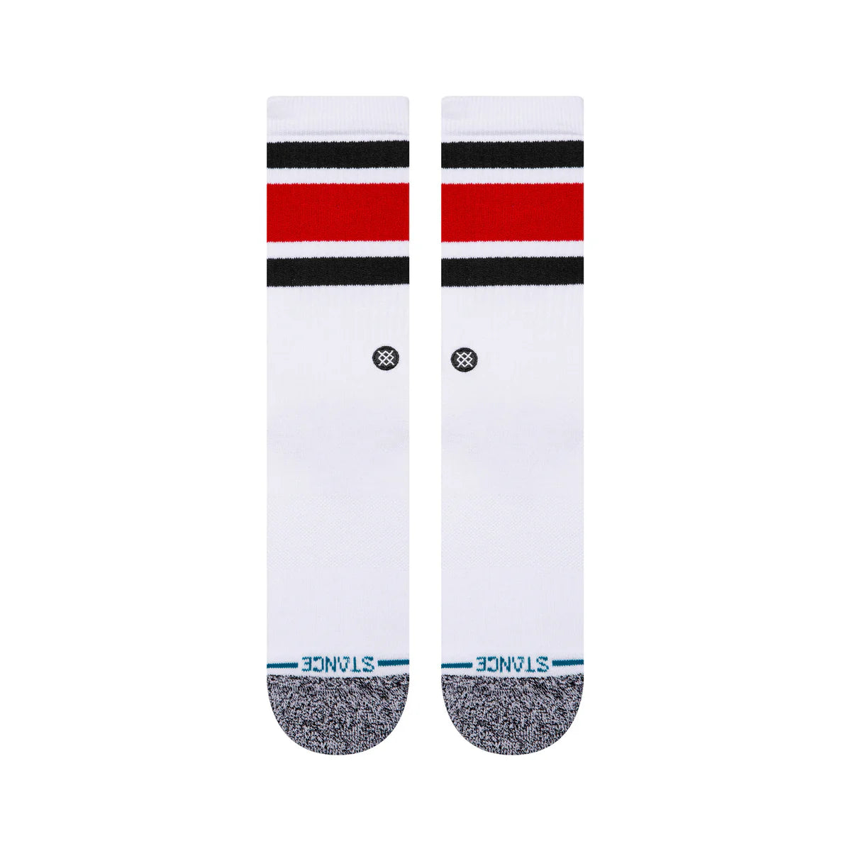 Paire de chaussette blanche a rayure rouge et noire vue de dessus