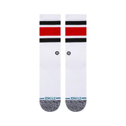Paire de chaussette blanche a rayure rouge et noire vue de dessus