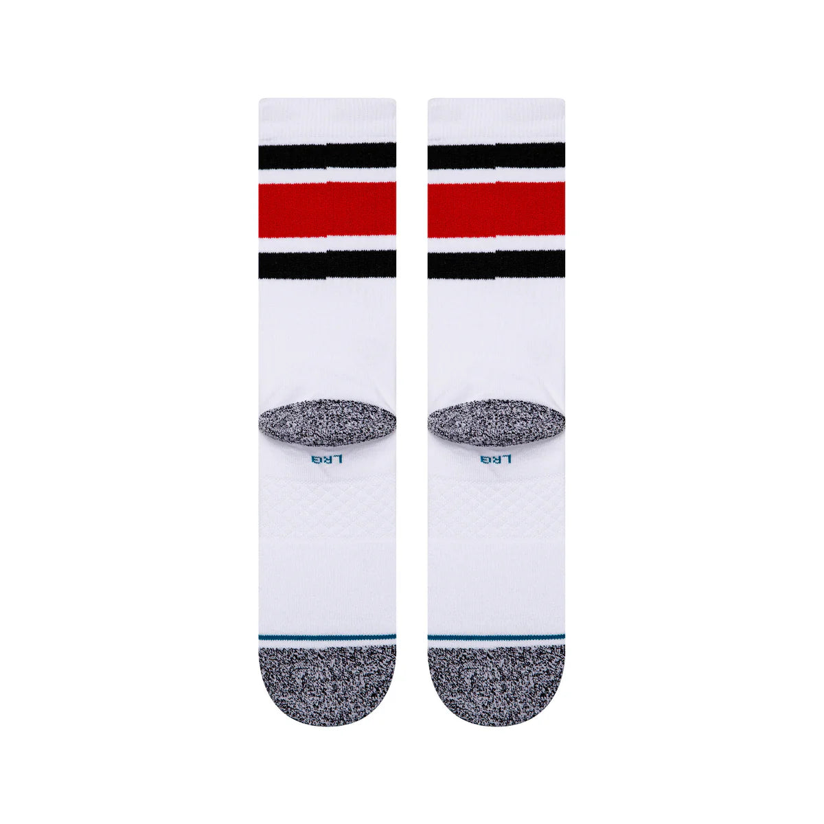 Paire de chaussette blanche a rayure rouge et noire vue de derrière