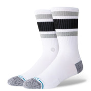 CHAUSSETTE BLANCHE STANCE AVEC DES BANDE NOIRES ET GRISES, VU DE COTE