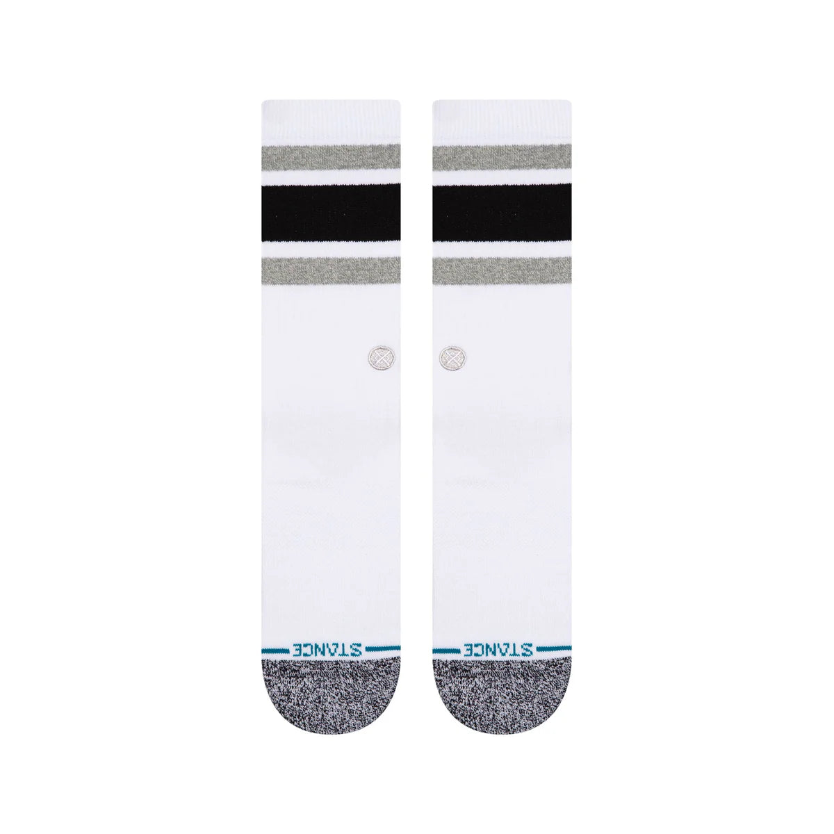 CHAUSSETTE BLANCHE STANCE AVEC DES BANDE NOIRES ET GRISES, VUE DE HAUT