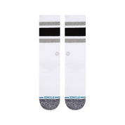 CHAUSSETTE BLANCHE STANCE AVEC DES BANDE NOIRES ET GRISES, VUE DE HAUT