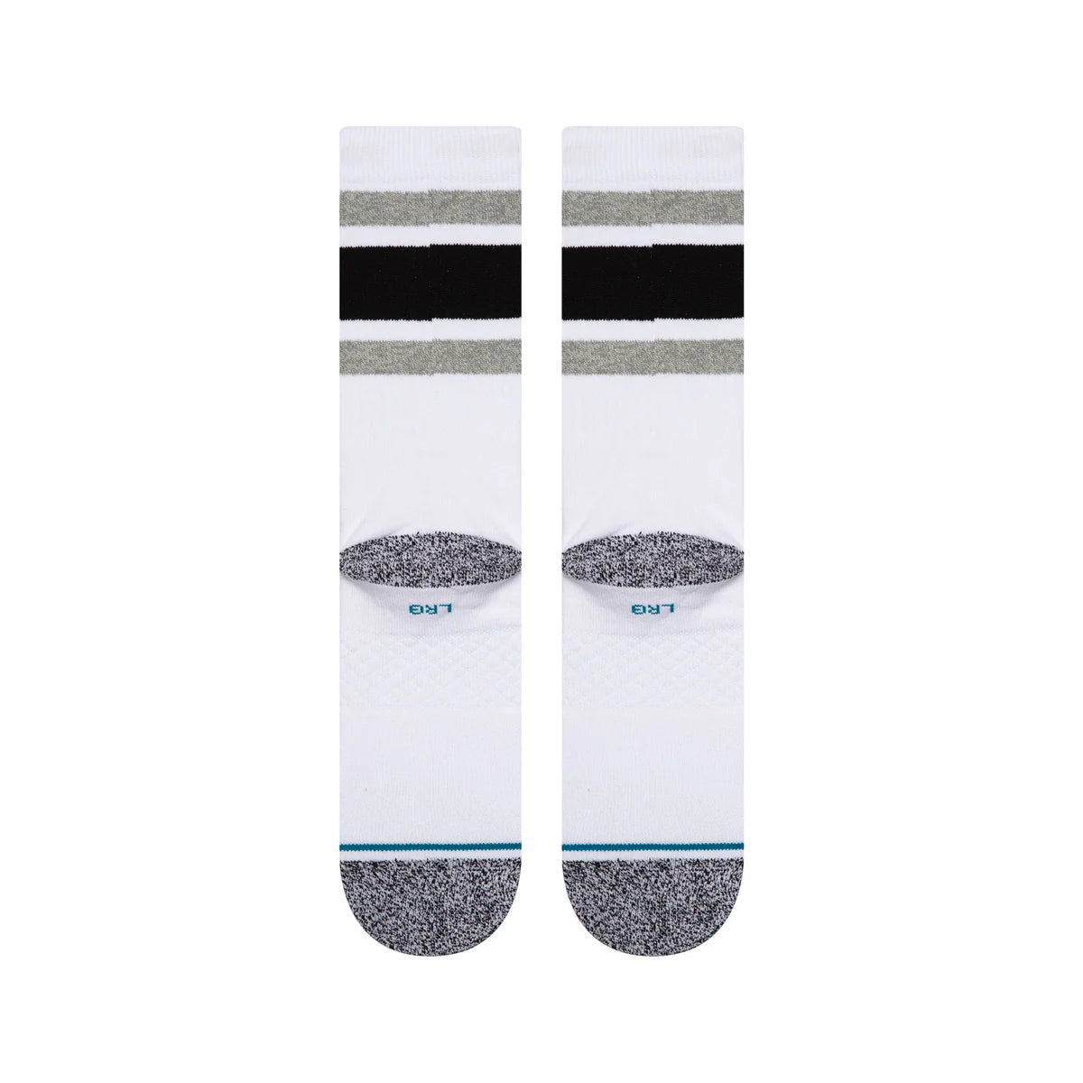 CHAUSSETTE BLANCHE STANCE AVEC DES BANDE NOIRES ET GRISES, VUE DE DOS