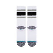 CHAUSSETTE BLANCHE STANCE AVEC DES BANDE NOIRES ET GRISES, VUE DE DOS