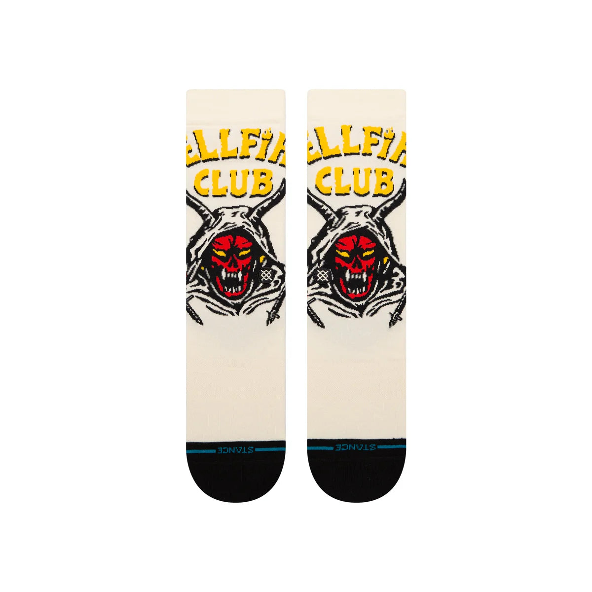 Paire de chaussette de couleur blanc cassé avec des motifs inspirés de la série "Stranger Things" de couleur noire rouge et jaune. La paire de chaussette est vue de dessus