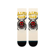 Paire de chaussette de couleur blanc cassé avec des motifs inspirés de la série "Stranger Things" de couleur noire rouge et jaune. La paire de chaussette est vue de dessus
