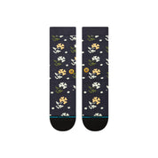 Paire de chaussette bleu marine à motif fleurs vert, blanc et jaune. La paire de chaussette est vue de dessus