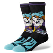 Paire de chaussette a motif taz (looney tunes) noire et violette vue de 3/4 face