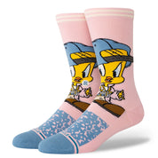 Paire de chaussette rose a motif tweety (looney tunes) vue de 3/4 face