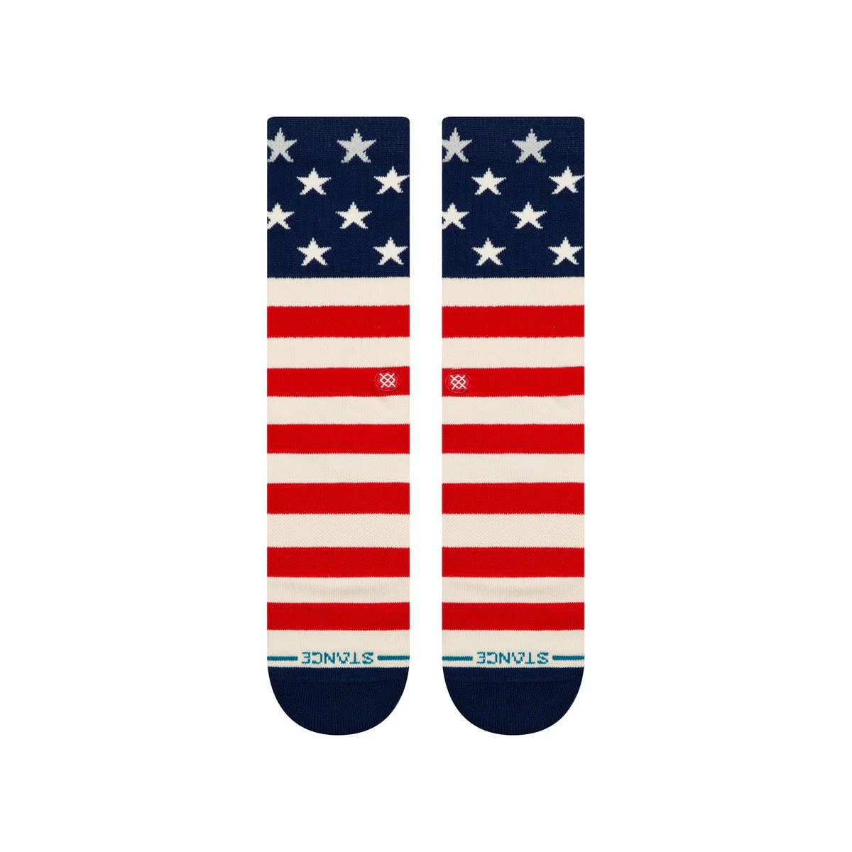 Paire de chaussette bleu, blanche et rouge à motif du drapeau des USA vu de dessus