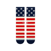 Paire de chaussette bleu, blanche et rouge à motif du drapeau des USA vu de dessus