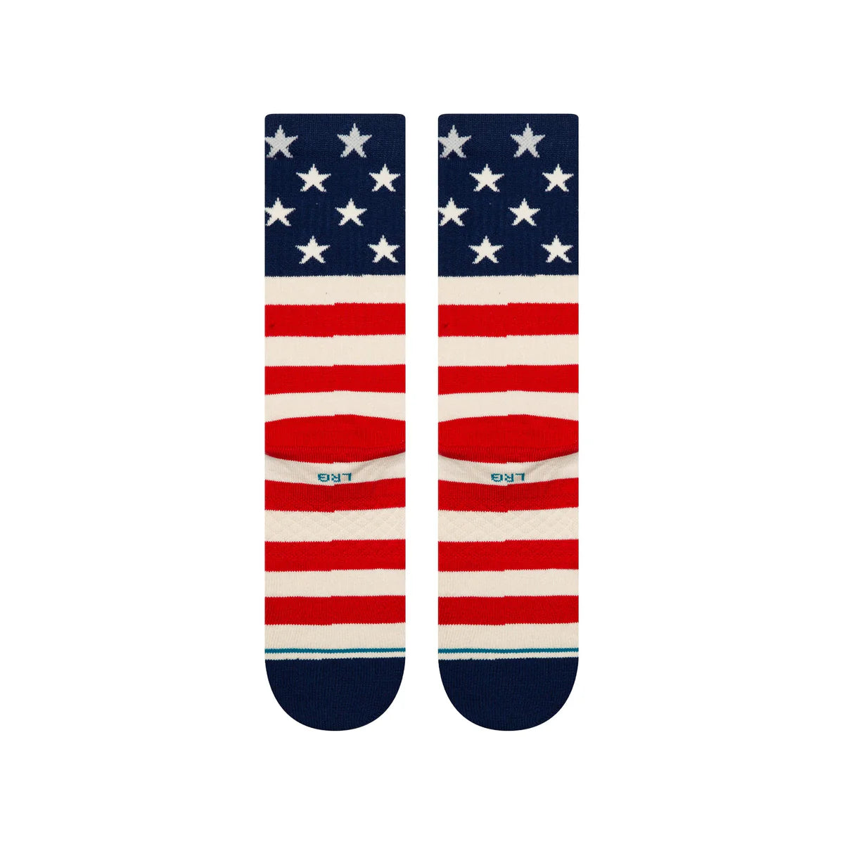 Paire de chaussette bleu, blanche et rouge à motif du drapeau des USA vu de derrière