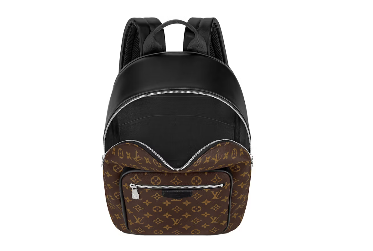 Sac à dos LV, monogramme MARRON, marron et noir avec des détailles argenté, vue de l'intérieurs