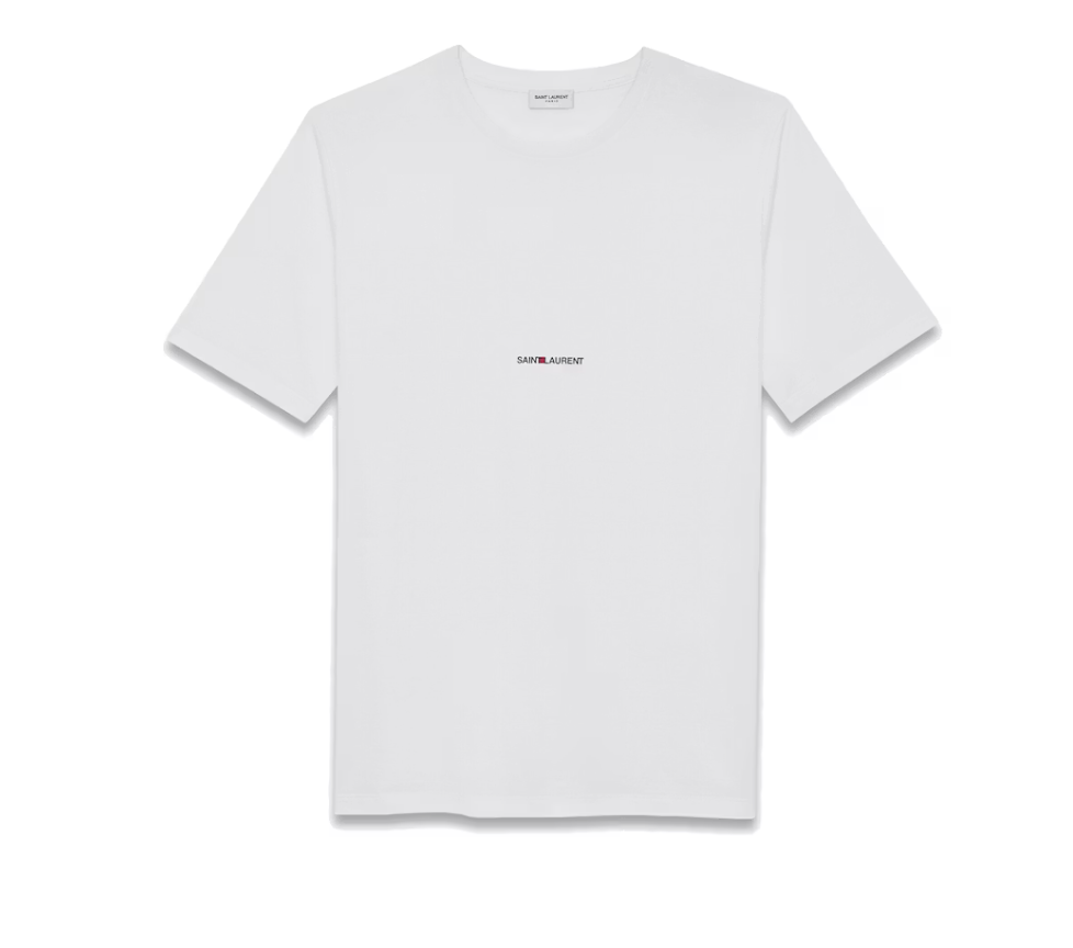 Saint Laurent Basic Logo T-shirt White, t-shirt blanc à manches courtes et col rond avec logo Saint Laurent discret.