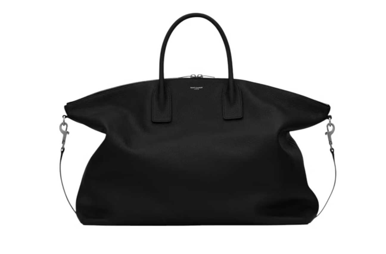 Saint Laurent YSL BV Giant Tote Nero en cuir grainé noir, grand format bowling avec poignées supérieures et bandoulière amovible.