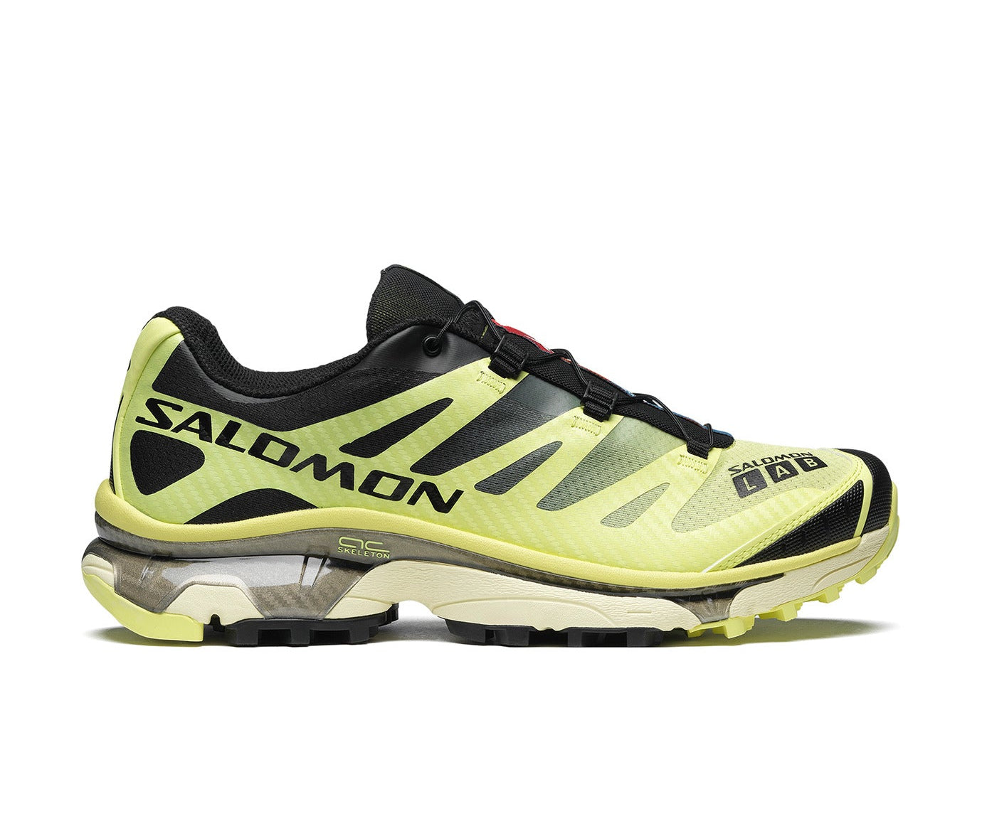 Image de la Salomon XT-4 OG Sunny Lime, sneaker vert citron et gris clair, tige en mesh technique, renforts TPU, semelle Contagrip, laçage Quicklace.