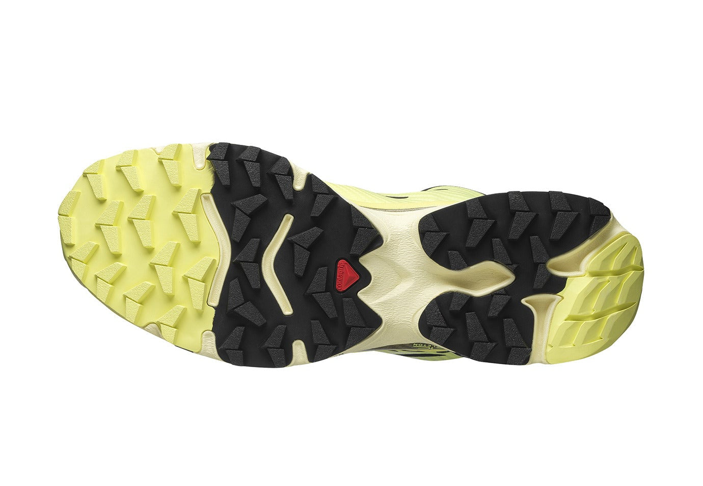 Image de la Salomon XT-4 OG Sunny Lime, sneaker vert citron et gris clair, tige en mesh technique, renforts TPU, semelle Contagrip, laçage Quicklace.