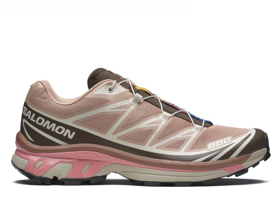 Chaussure de trail Salomon XT-6 Acajou Rose Terre Marron semelle légère et confortable , vue de profil
