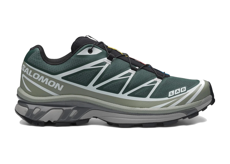 Sneaker Salomon XT-6 Bistro Green Milieu en mesh vert foncé avec détails naturels, système Quicklace, amorti EnergyCell et semelle Contagrip.