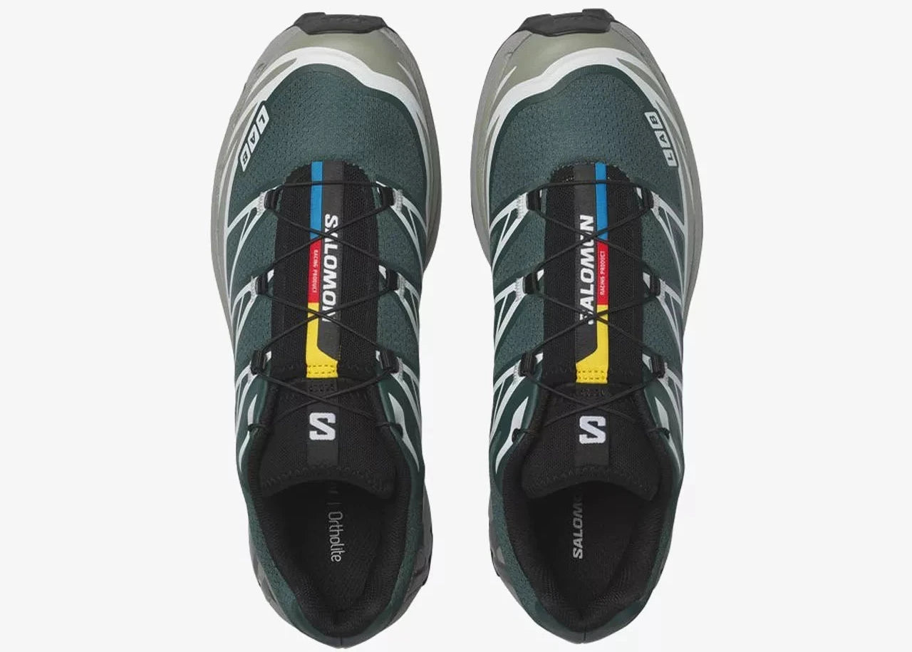 Sneaker Salomon XT-6 Bistro Green Milieu en mesh vert foncé avec détails naturels, système Quicklace, amorti EnergyCell et semelle Contagrip.