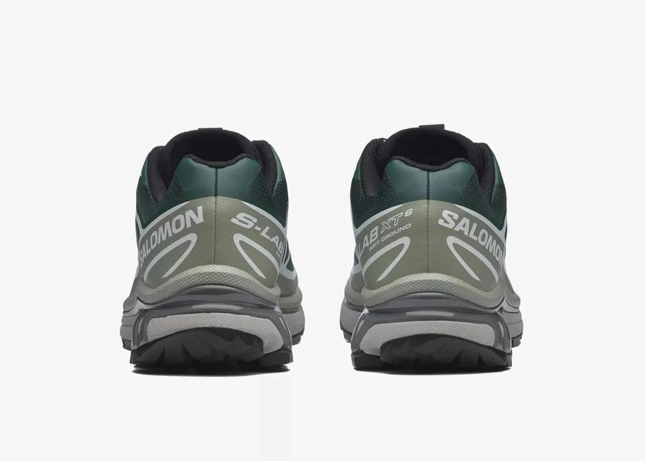 Sneaker Salomon XT-6 Bistro Green Milieu en mesh vert foncé avec détails naturels, système Quicklace, amorti EnergyCell et semelle Contagrip.