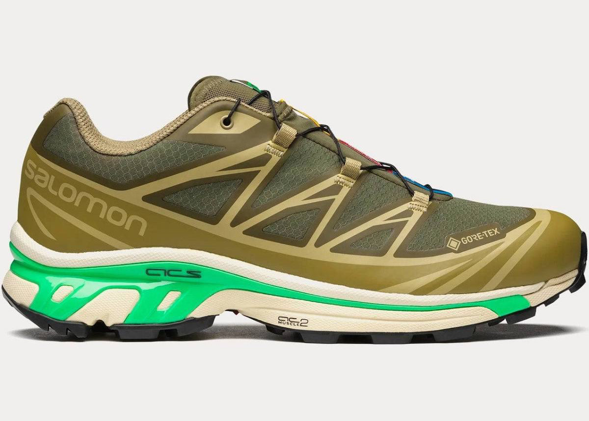 Sneaker Salomon XT-6 Dried Herb en mesh vert olive avec système Quicklace, amorti EnergyCell et semelle Contagrip adaptée aux terrains variés.