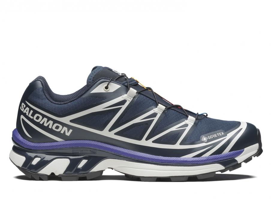 Chaussure de trail Salomon XT-6 Gore-Tex , Navy , blanc , violet ,semelle légère et confortable , vue de profil