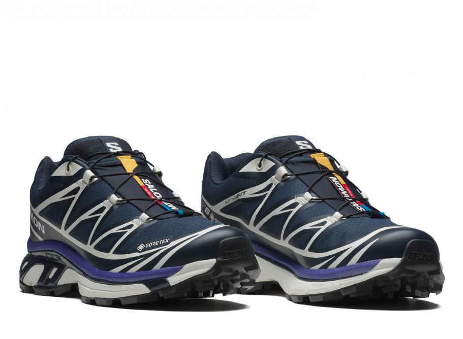  Chaussure de trail Salomon XT-6 Gore-Tex , Navy , blanc , violet ,semelle légère et confortable , vue de 3/4