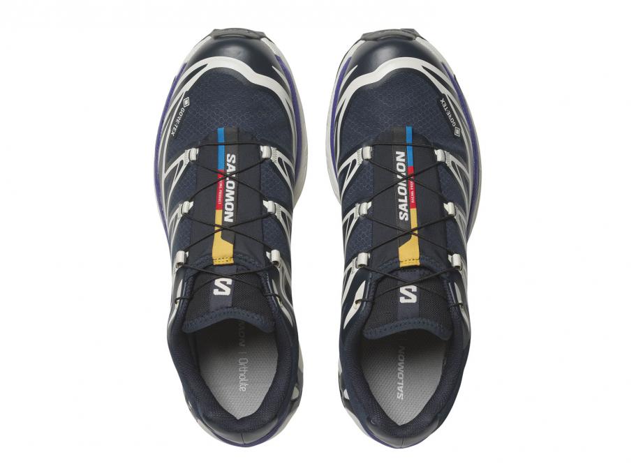 Chaussure de trail Salomon XT-6 Gore-Tex , Navy , blanc , violet ,semelle légère et confortable , vue de haut