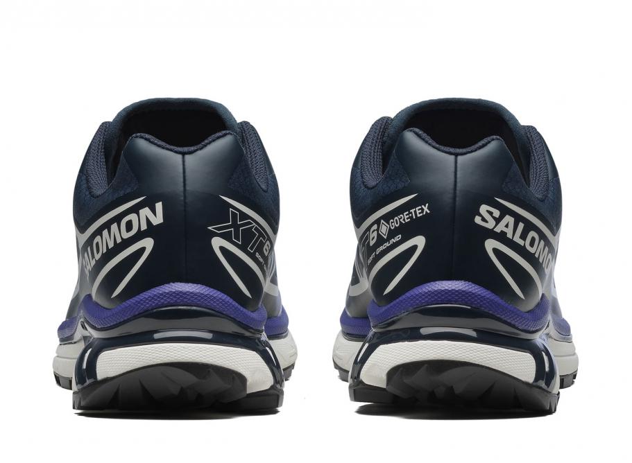  Chaussure de trail Salomon XT-6 Gore-Tex , Navy , blanc , violet ,semelle légère et confortable , vue de derrière