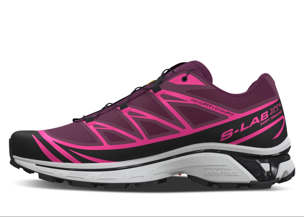 Chaussure de trail Salomon XT-6 Neon Tokyo Plum Caspia , semelle légère et confortable , vue de profil