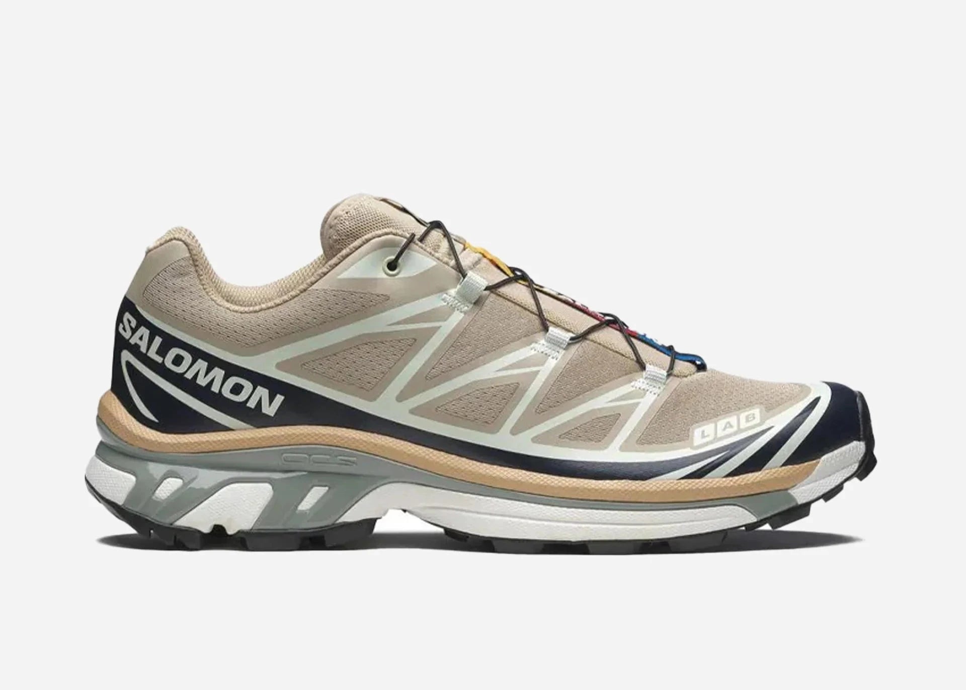  chaussure de trail Salomon XT-6 Oxford Tan , beige , semelle légère et confortable , vue de profil