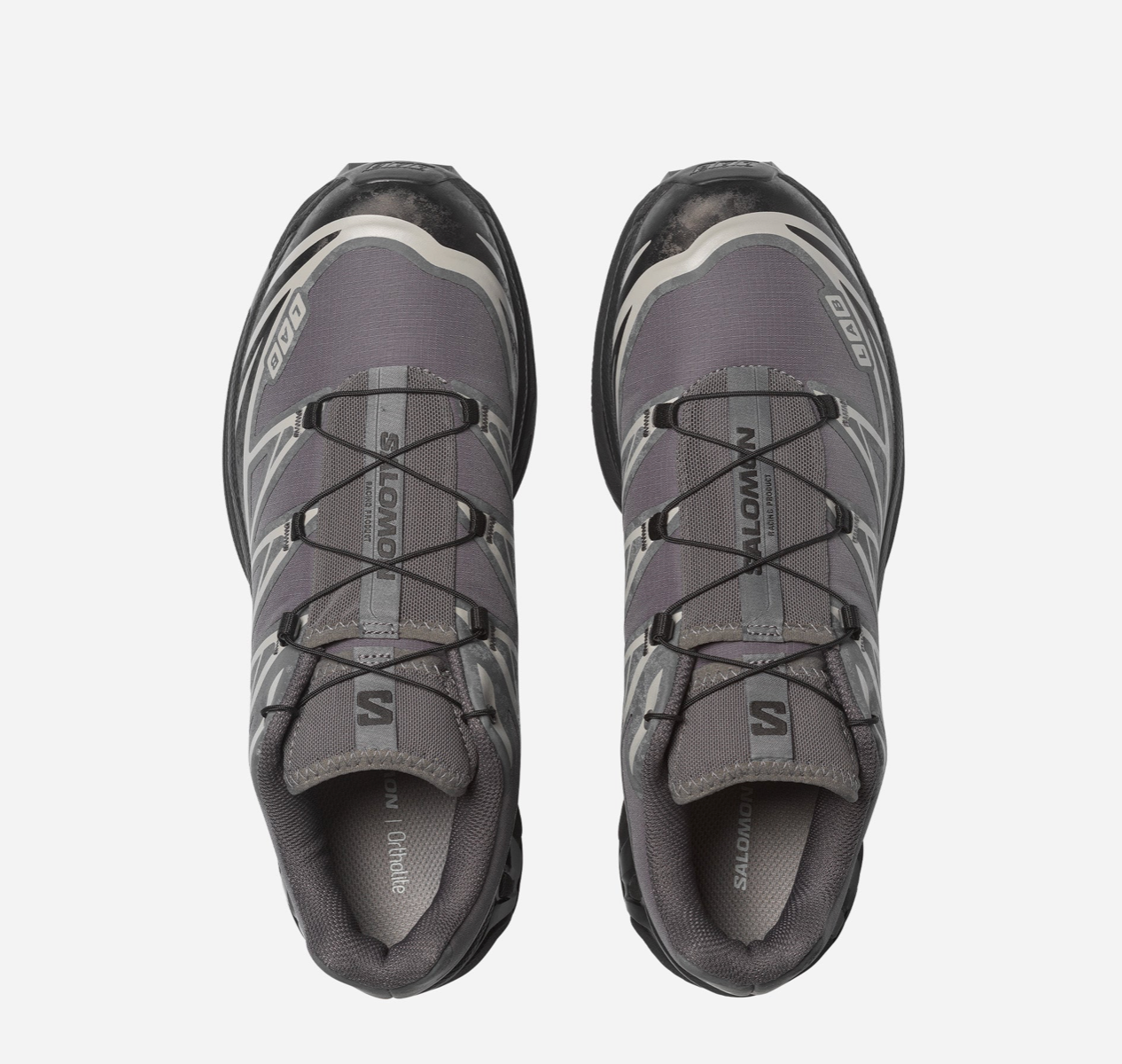 Salomon XT-6 Protective Castlerock Black Paloma en ripstop gris ardoise et noir avec renforts TPU, Quicklace™ et semelle technique crantée.