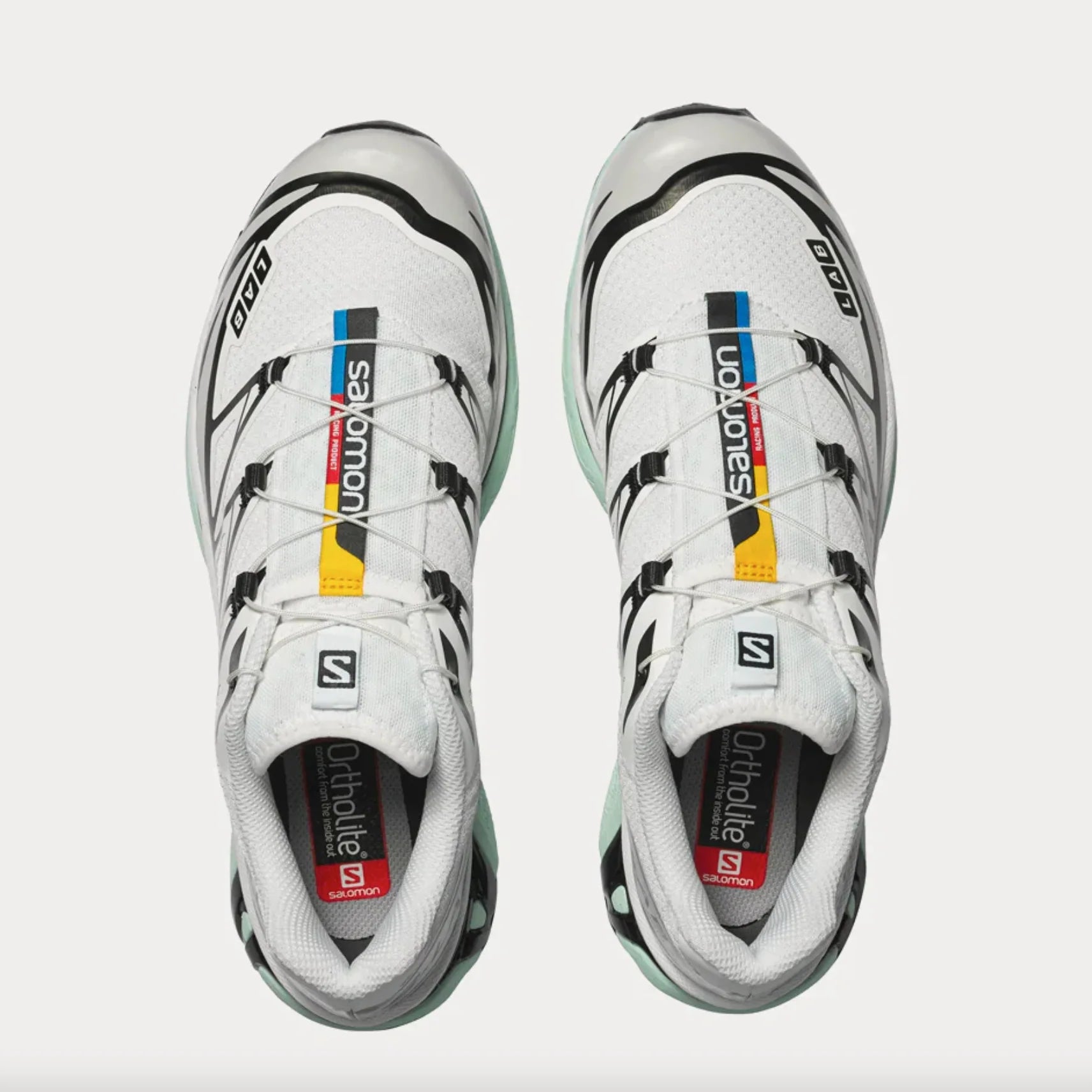 Sneaker Salomon XT-6 White Icy Morn en mesh blanc avec détails bleu glacier, système Quicklace, amorti EnergyCell et semelle Contagrip.