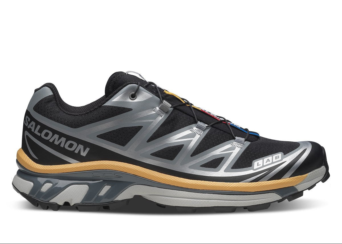  Chaussure de trail Salomon XT6 black/silver/warm apricot , semelle légère et confortable , vue de profil