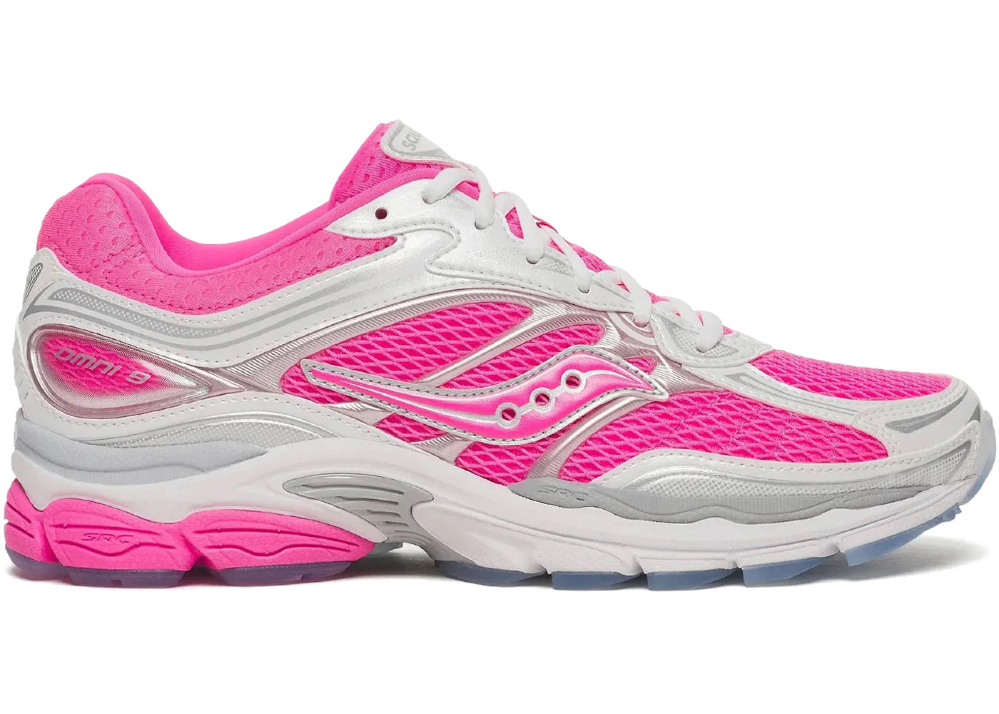 Sneaker Saucony ProGrid Omni 9 Sauctop Pink en mesh respirant rose avec amorti ProGrid et détails techniques rétro-running.