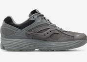 Saucony ProGrid Omni 9 Armor Grey, sneaker running rétro grise en mesh avec renforts synthétiques ton sur ton et semelle épaisse vue de profil intérieur. 