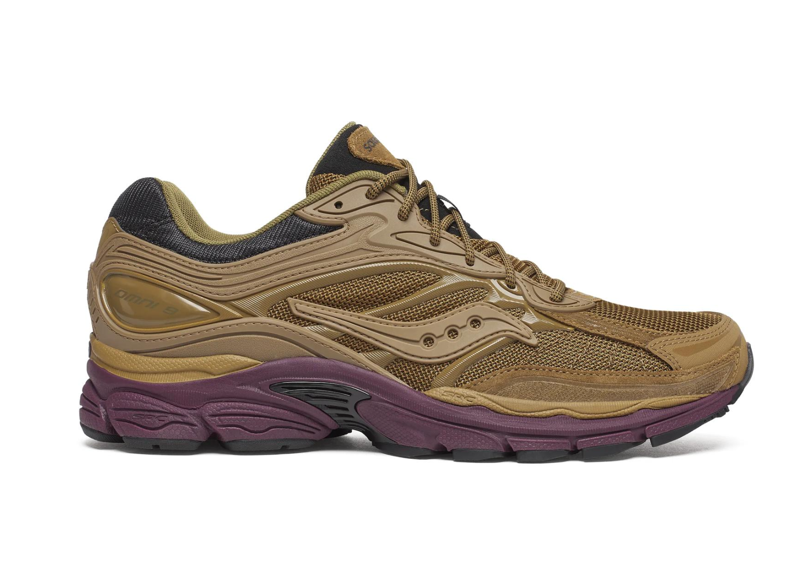 Saucony ProGrid Omni 9 Brown Bordeaux, sneaker running rétro marron et bordeaux avec tige en mesh structurée et semelle à technologie Grid vu de profil. 