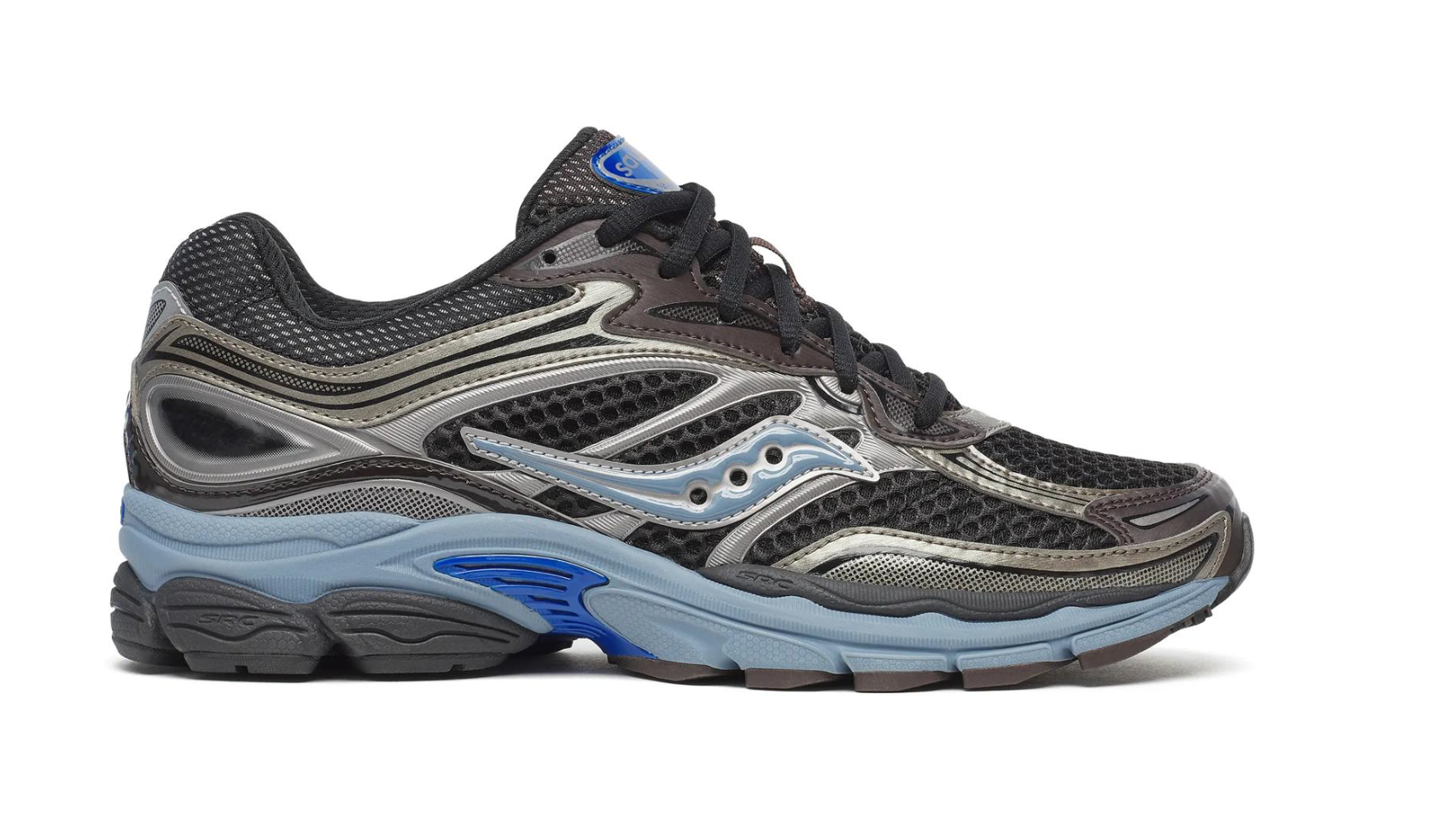 Saucony ProGrid Omni 9 Disrupt Black Torte, sneaker Saucony noire aux nuances Torte avec design running rétro, empeigne multicouche et semelle volumineuse vue de profil  