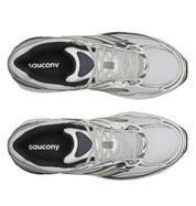 Découvrez la Saucony ProGrid Omni 9 Metallic White Gold, une sneaker rétro-running blanche aux détails dorés métallisés, avec design Y2K et amorti ProGrid vue du dessus