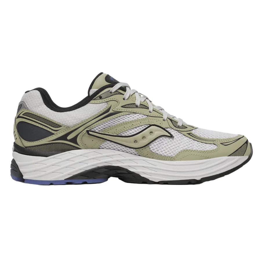 Découvrez la Saucony ProGrid Omni 9 Metallic White Gold, une sneaker rétro-running blanche aux détails dorés métallisés, avec design Y2K et amorti ProGrid vue de profil intérieur. 