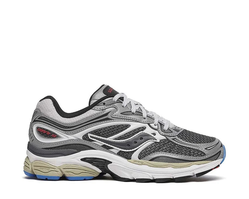 Découvrez la Saucony ProGrid Omni 9 Metallic Grey Silver, une sneaker rétro-running grise et argentée au design Y2K avec amorti ProGrid vue de profil. 

