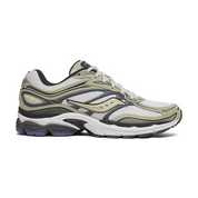 Découvrez la Saucony ProGrid Omni 9 Metallic White Gold, une sneaker rétro-running blanche aux détails dorés métallisés, avec design Y2K et amorti ProGrid vue de profil. 