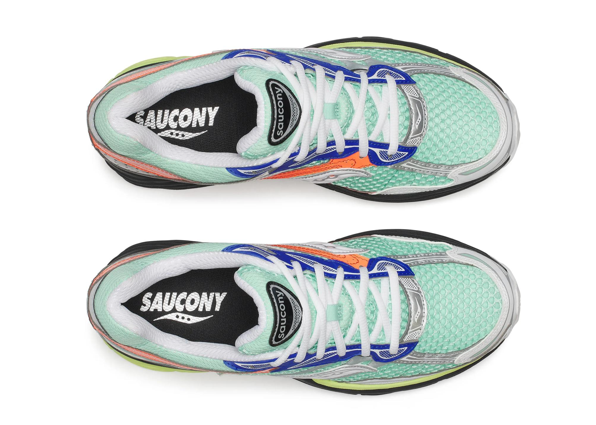 Saucony ProGrid Omni 9 Mint Multi avec tige en mesh menthe respirant, empiècements synthétiques multicolores, amorti ProGrid et semelle extérieure en caoutchouc.