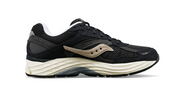 Saucony ProGrid Omni 9 Navy Grey, sneaker Saucony bleu marine et grise avec construction multicouche et silhouette technique rétro-running vue de profil intérieur. 