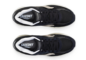 Saucony ProGrid Omni 9 Navy Grey, sneaker Saucony bleu marine et grise avec construction multicouche et silhouette technique rétro-running vue du dessus. 