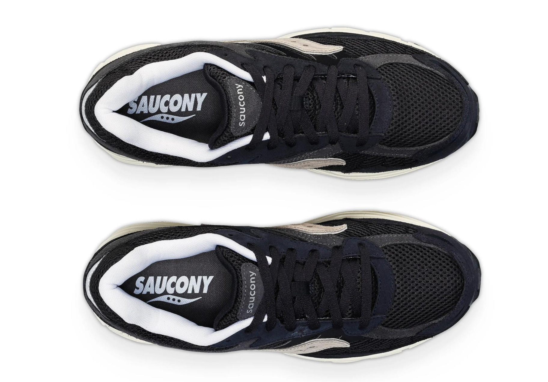 Saucony ProGrid Omni 9 Navy Grey, sneaker Saucony bleu marine et grise avec construction multicouche et silhouette technique rétro-running vue du dessus. 